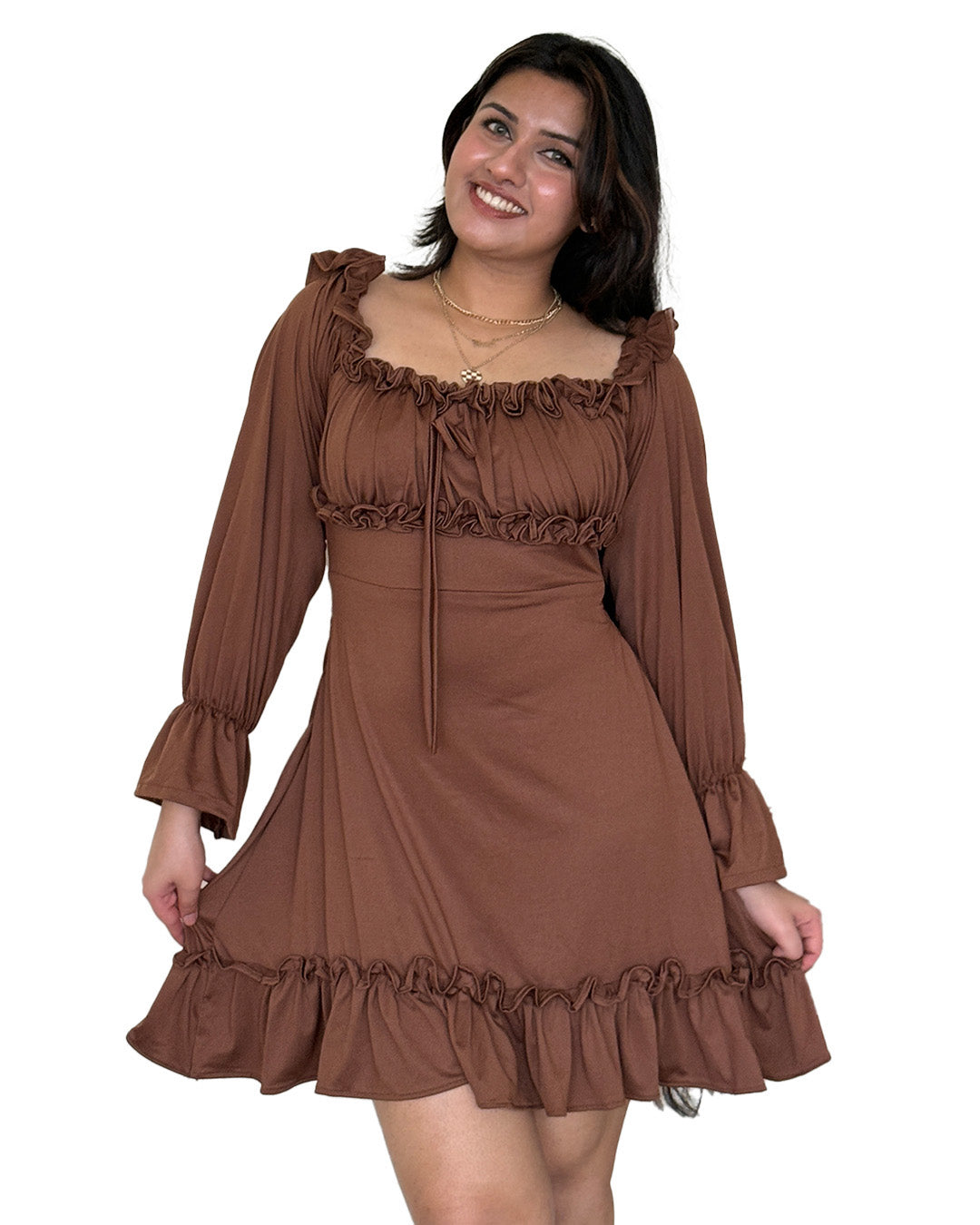 Brown Ruffle Mini Dress