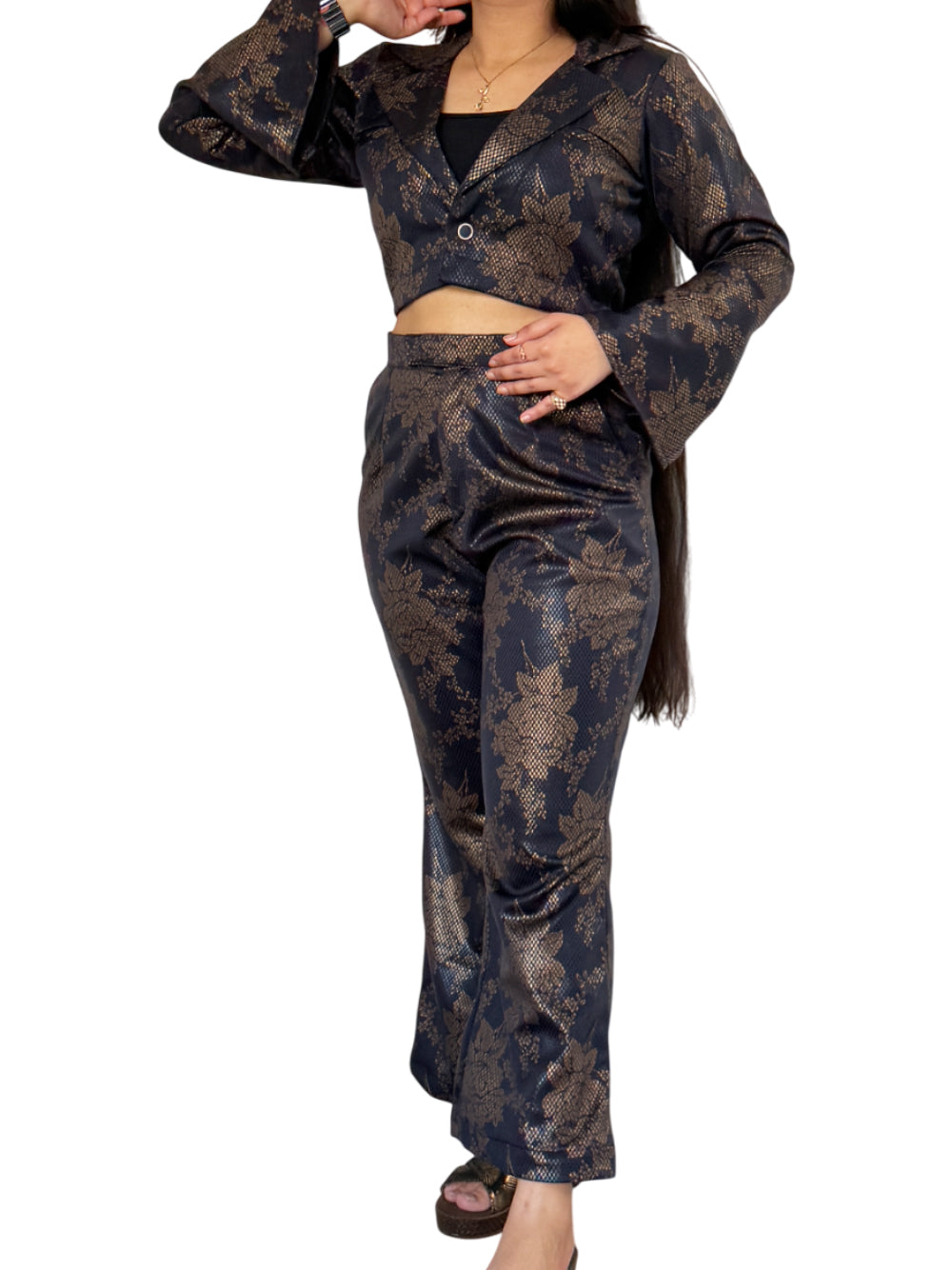 Foil Print Short Jacket and Bell Bottoms – A Stunning Co-ord Set
