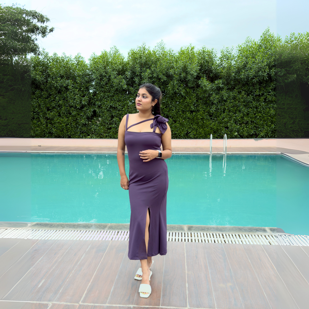 Floral Bow Strap Bodycon Dress Russian Violet Color