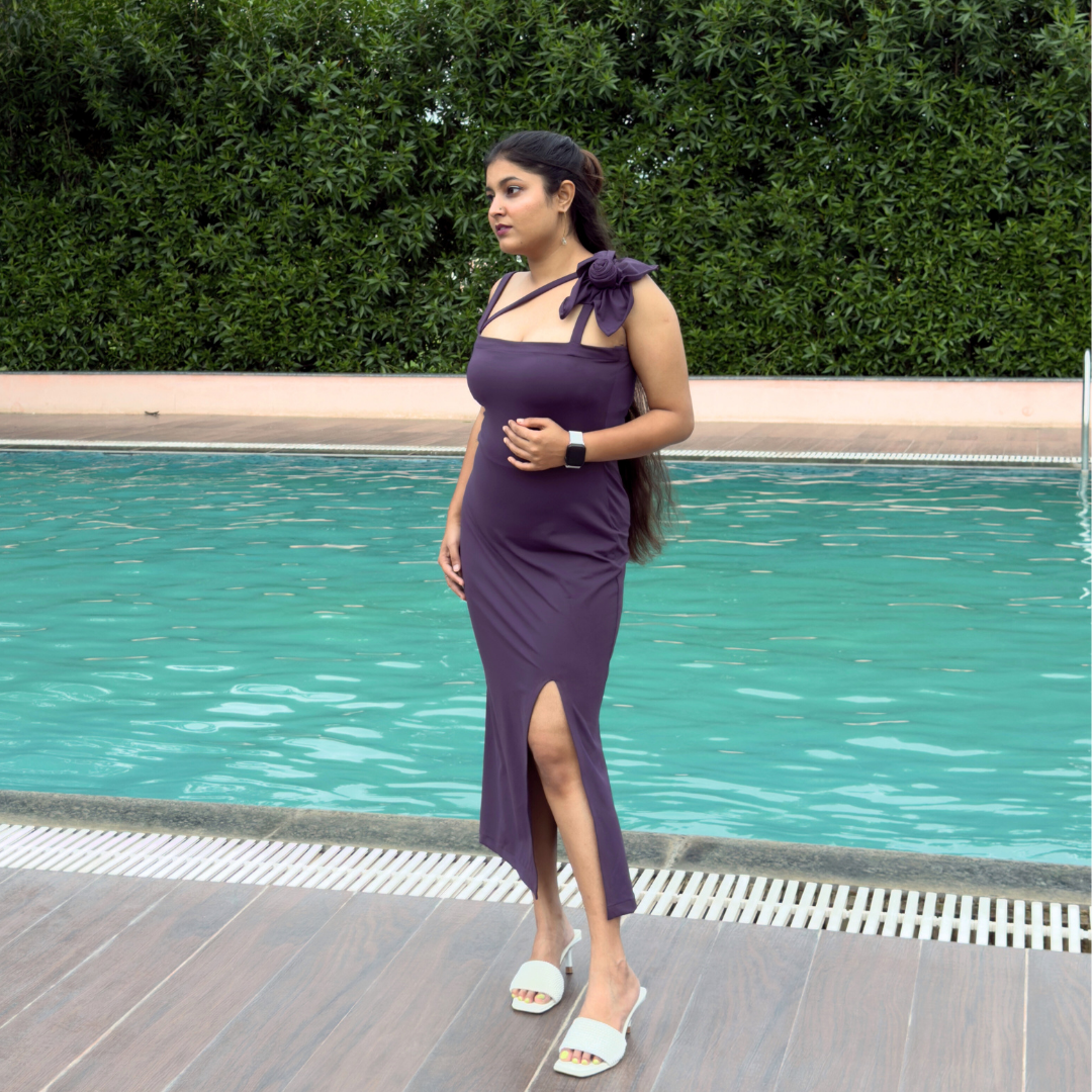 Floral Bow Strap Bodycon Dress Russian Violet Color