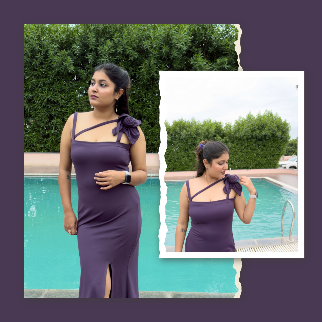 Floral Bow Strap Bodycon Dress Russian Violet Color