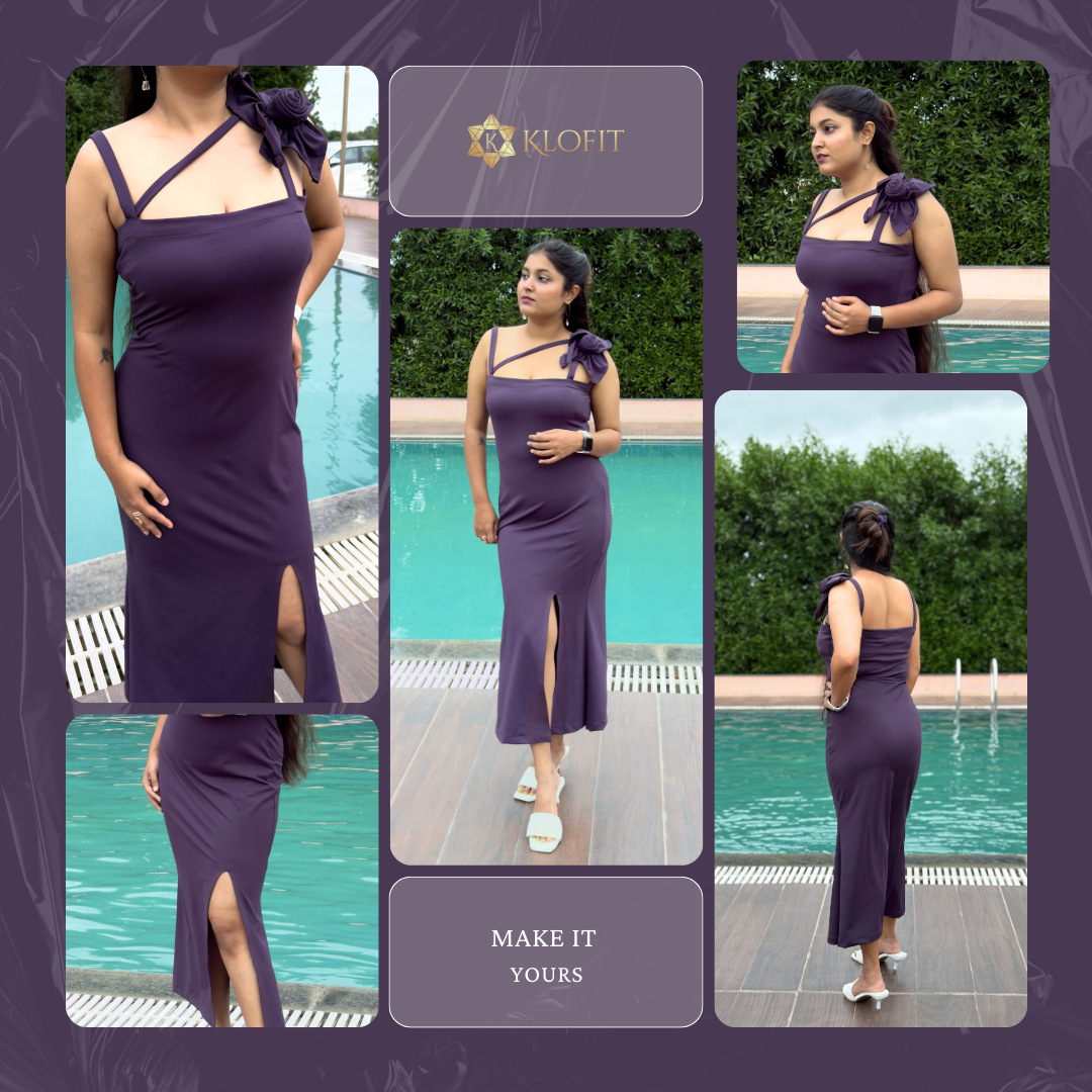 Floral Bow Strap Bodycon Dress Russian Violet Color