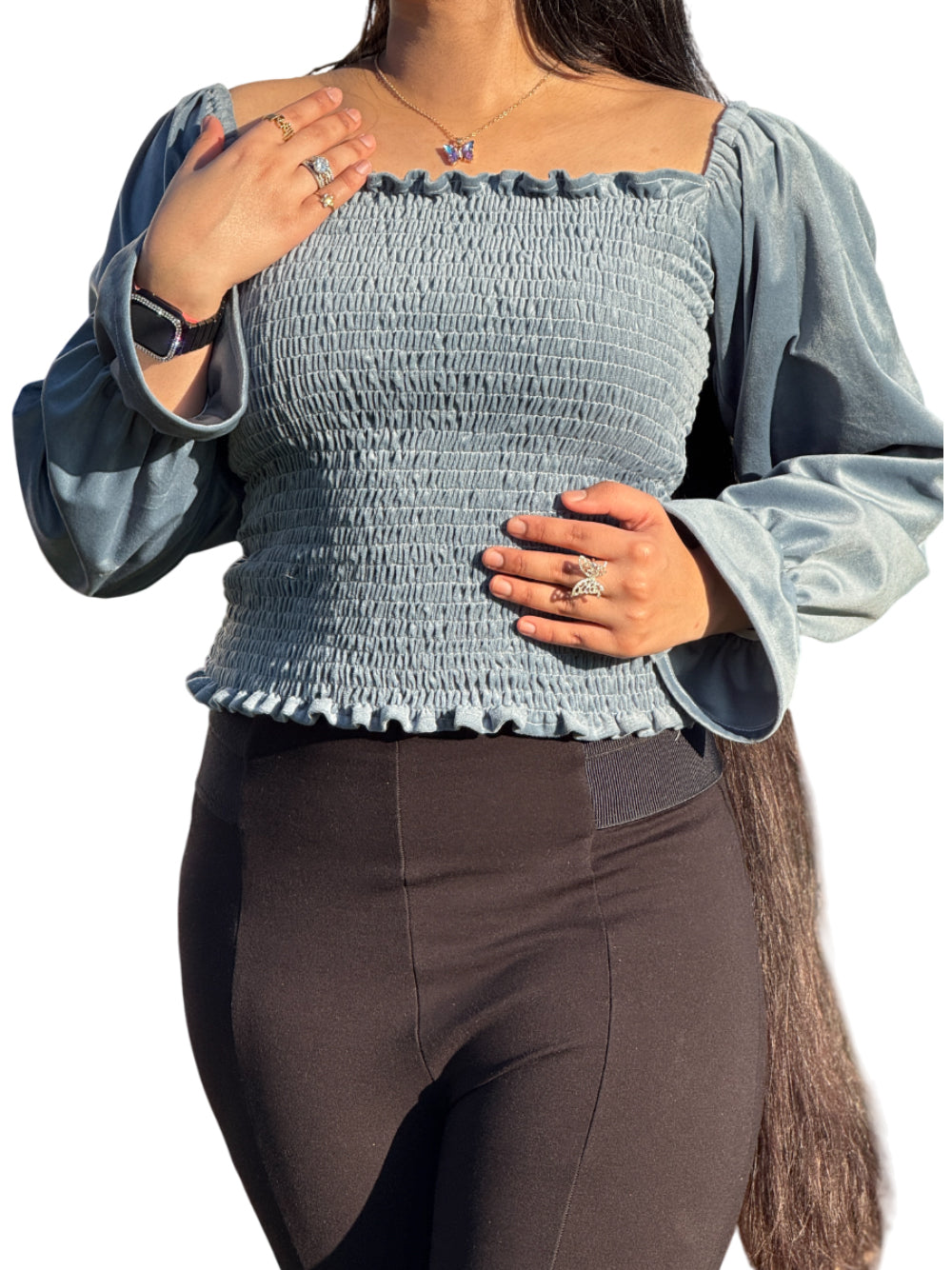 Smocked Top – Elegant & Chic Velvet Fashion Sheen Green