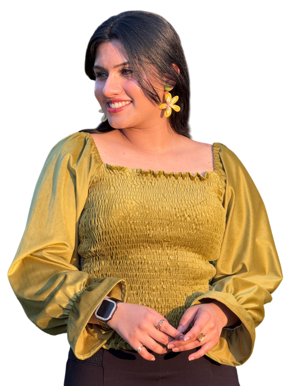 Smocked Top – Elegant & Chic Velvet Fashion Sheen Green