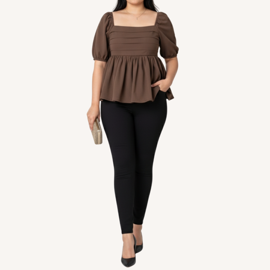 Brown Puff-Sleeve Peplum Top