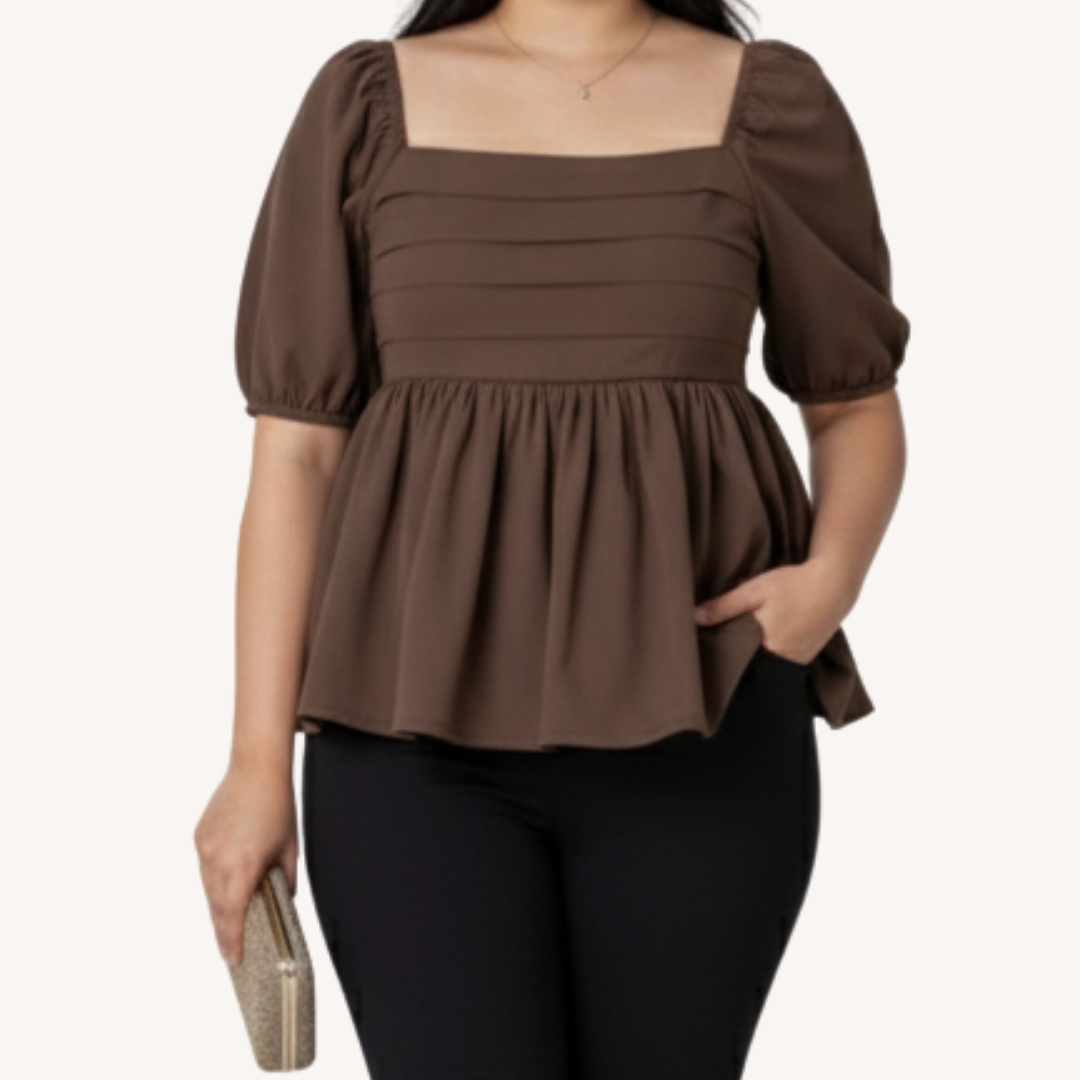 Brown Puff-Sleeve Peplum Top