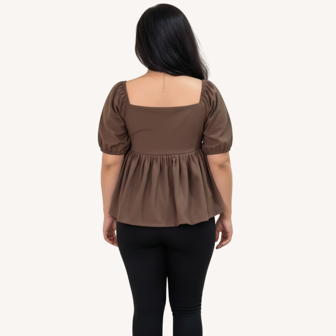 Brown Puff-Sleeve Peplum Top