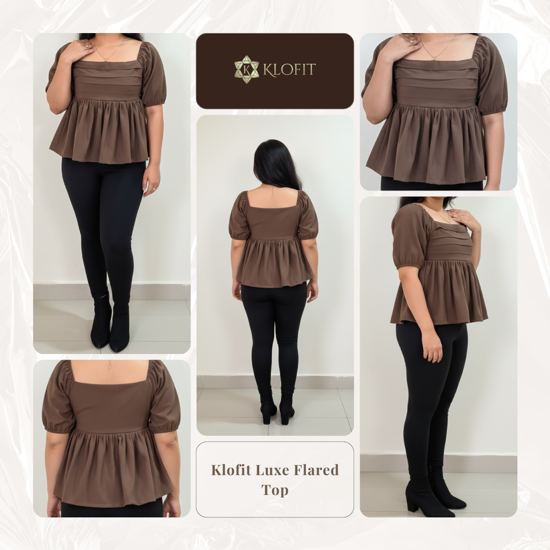 Brown Puff-Sleeve Peplum Top