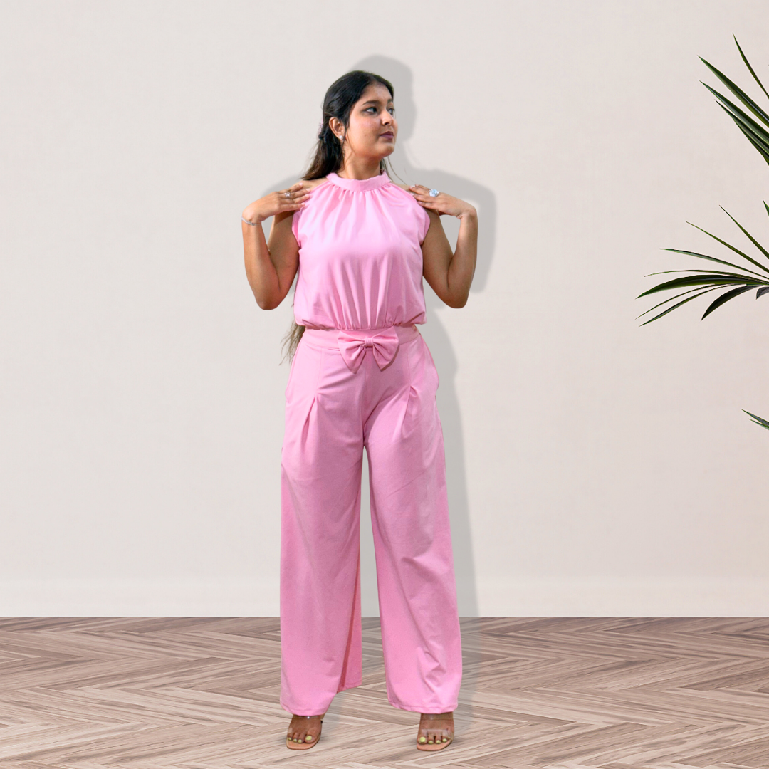 Elegant Bow Jumpsuit - Flamingo Pink