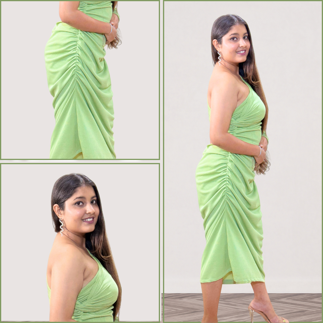 Draped One Shoulder Ruched Midi Dress