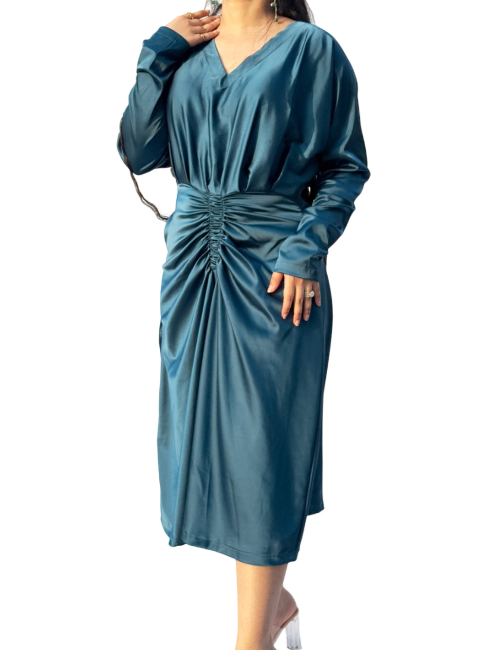 Lycra Satin Balloon Dress – Chic & Effortless Elegance Teal