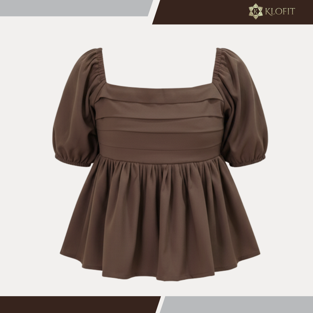 Brown Puff-Sleeve Peplum Top